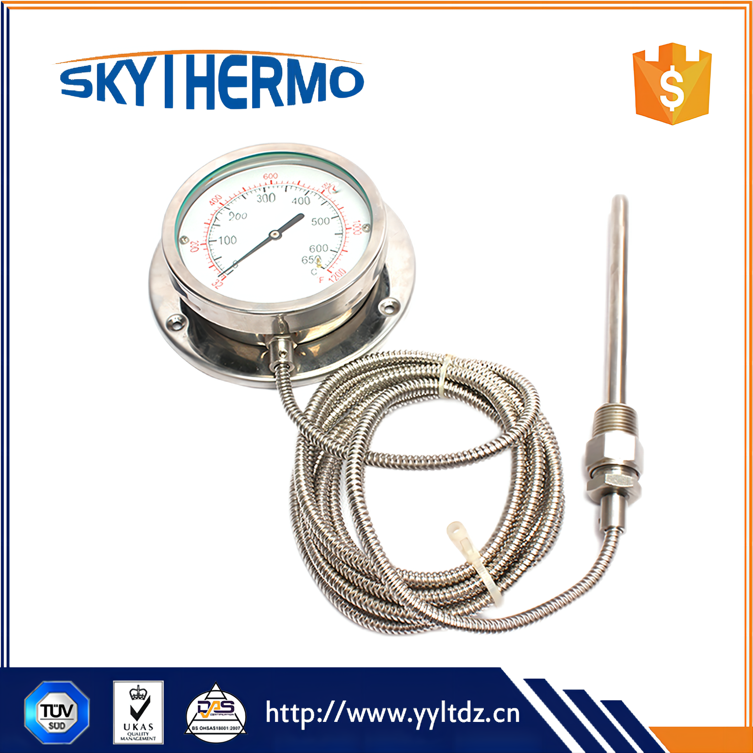 All SS Capillary Thermometer with Back Flange Dial Oil Fiiled Thermometer Industrial Use Temperature Gauge