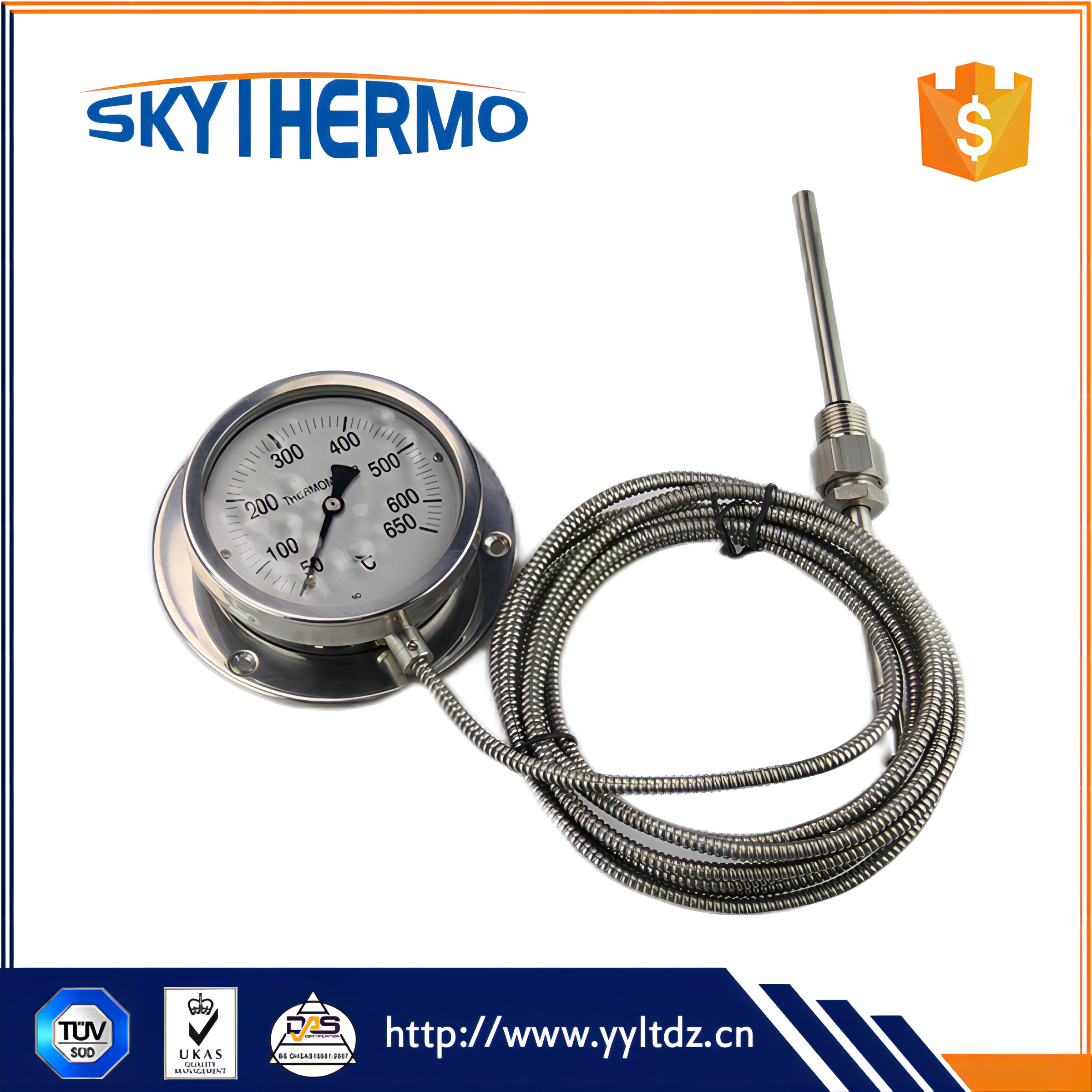 All SS Capillary Thermometer with Back Flange Dial Oil Fiiled Thermometer Industrial Use Temperature Gauge