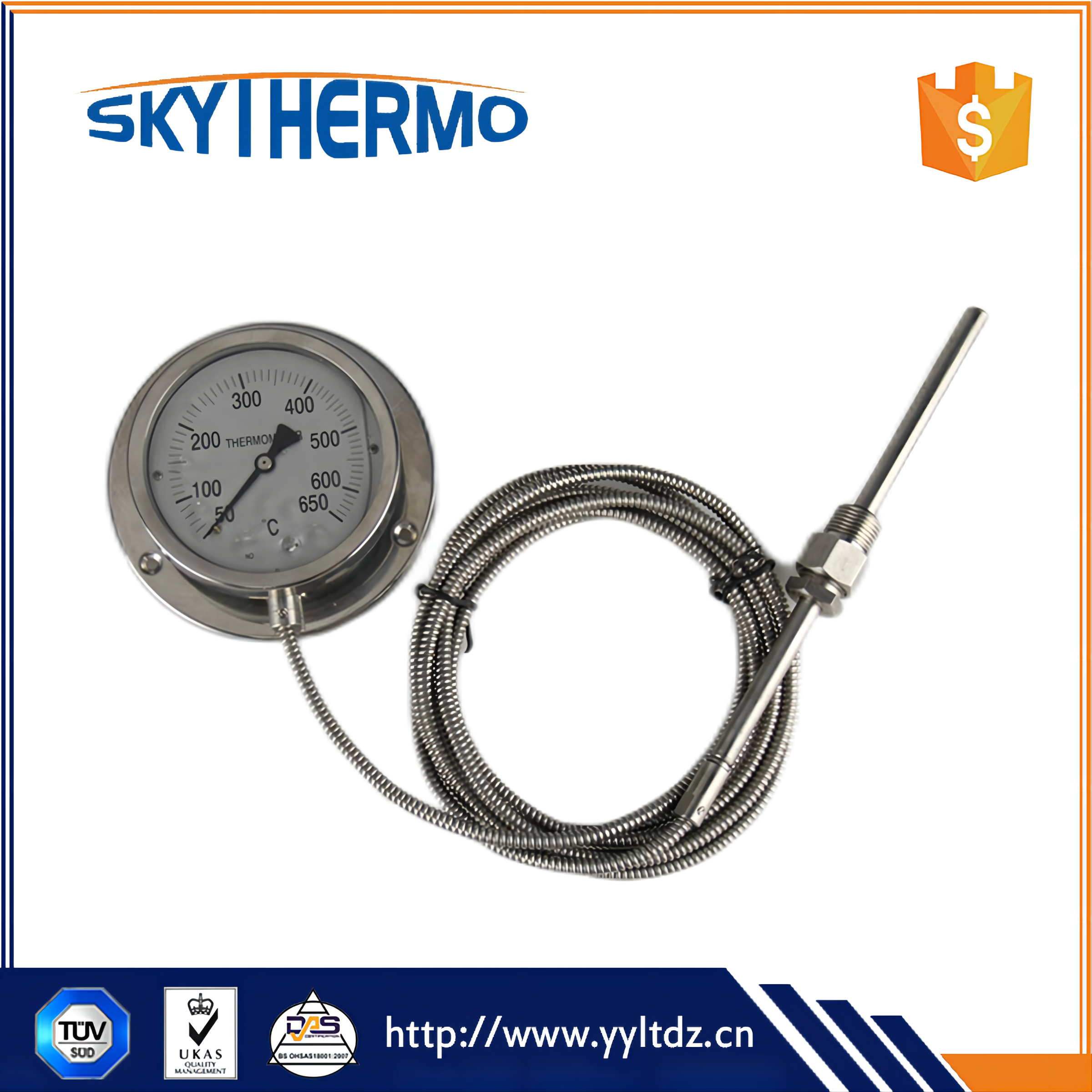 All SS Capillary Thermometer with Back Flange Dial Oil Fiiled Thermometer Industrial Use Temperature Gauge