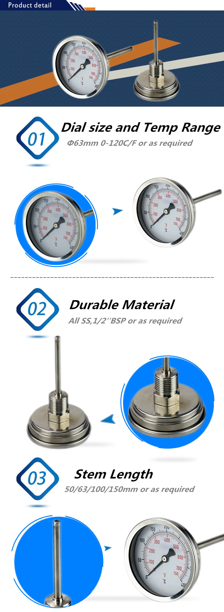 Stainless steel bi-metal thermometer, 1/2 NPT male, 2.5 probe