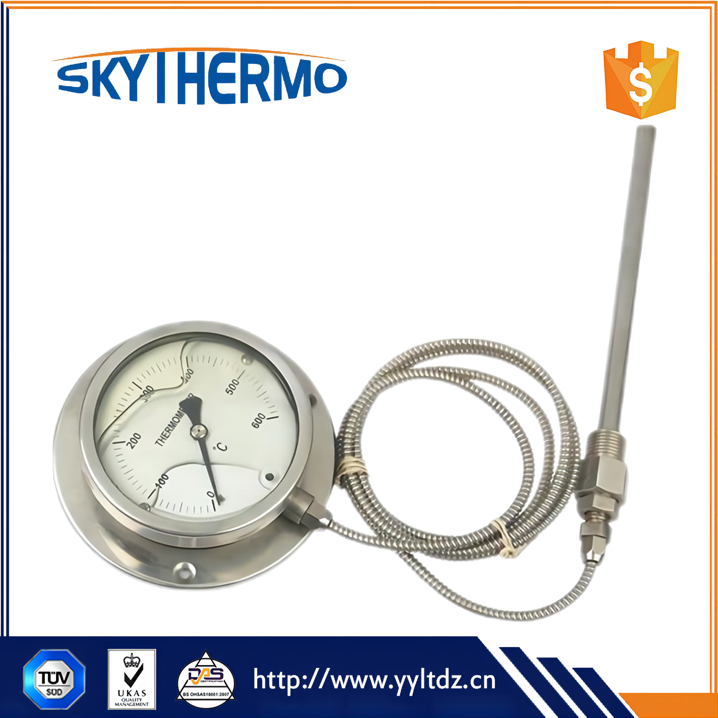 All SS Capillary Thermometer with Back Flange Dial Oil Fiiled Thermometer Industrial Use Temperature Gauge